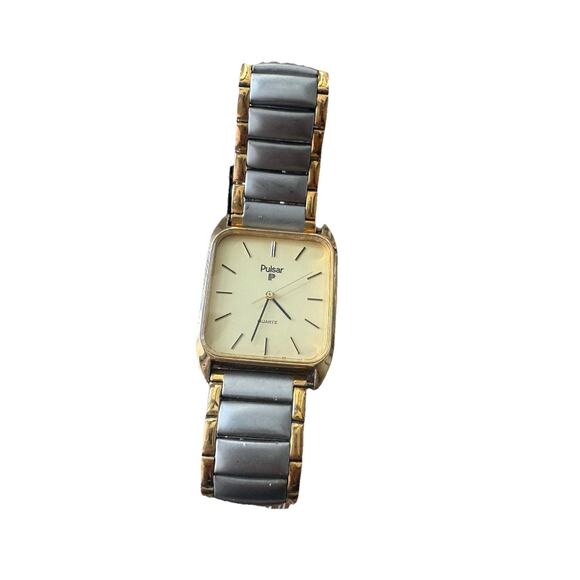 Vintage Pulsar Gold Tone Rectangular Watch Quartz NEW BATTERY Two Tone Bracelet main image 10